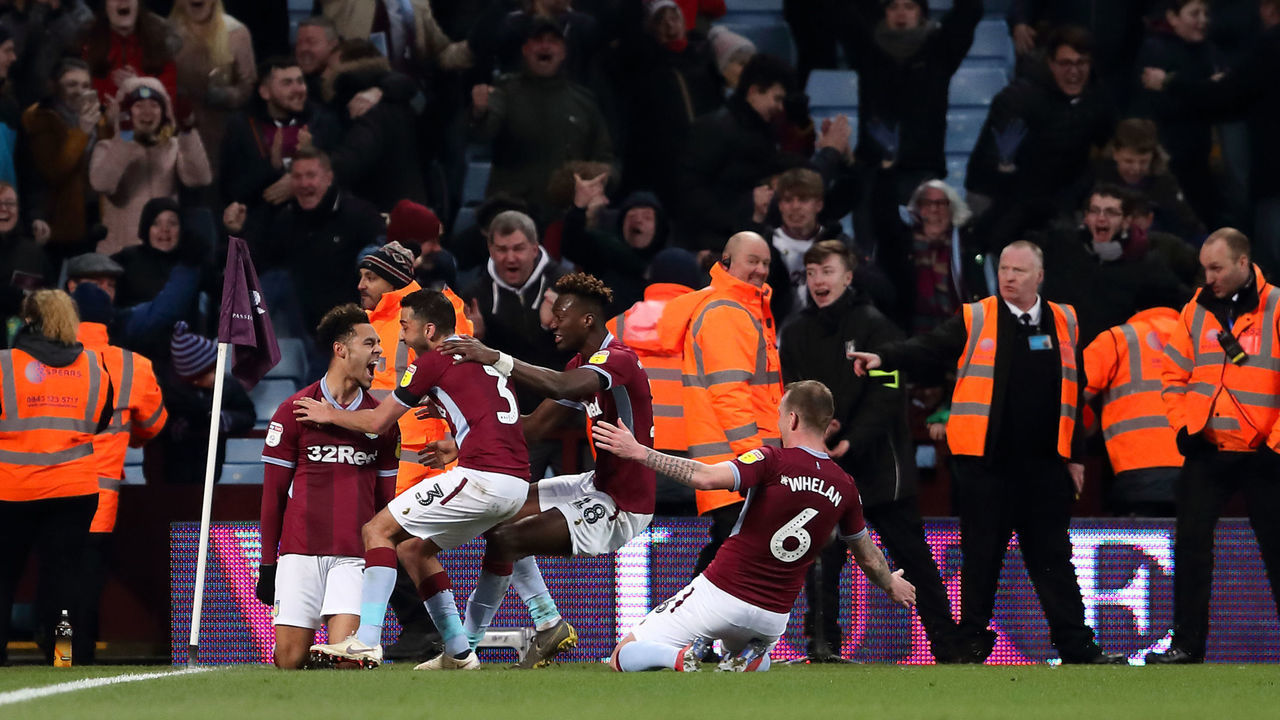 BIRMINGHAM, ENGLAND - FEBRUARY 08: Andre Green of Aston Villa celebrates after scoring a goal to make it 3-3 during the Sky Bet Championship fixture between Aston Villa and Sheffield United at Villa Park on February 8, 2019 in Birmingham, England.