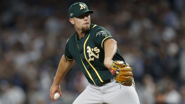 NEW YORK, NY - OCTOBER 3: Blake Treinen #39 of the Oakland Athletics pitches during the game against the New York Yankees in the American League Wild Card Game at Yankee Stadium on October 3, 2018 New York, New York. The Yankees defeated the Athletics 7-2. Zagaris/Oakland Athletics/Getty Images)