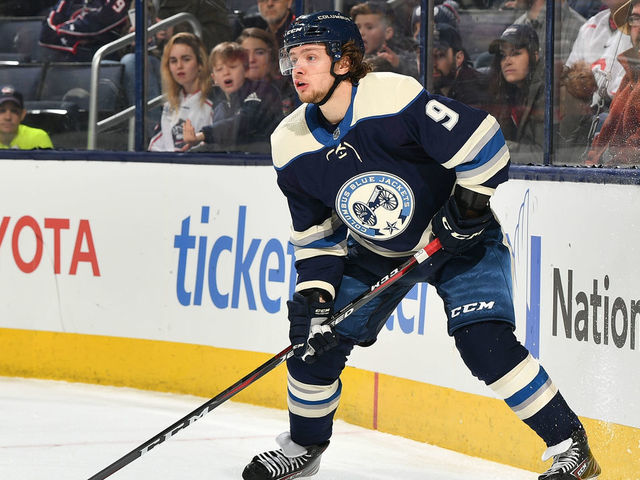 COLUMBUS, OH - FEBRUARY 2: Artemi Panarin #9 of the Columbus Blue Jackets looks to pass the puck during the first period of a game against the St. Louis Blues on February 2, 2019 at Nationwide Arena in Columbus, Ohio.