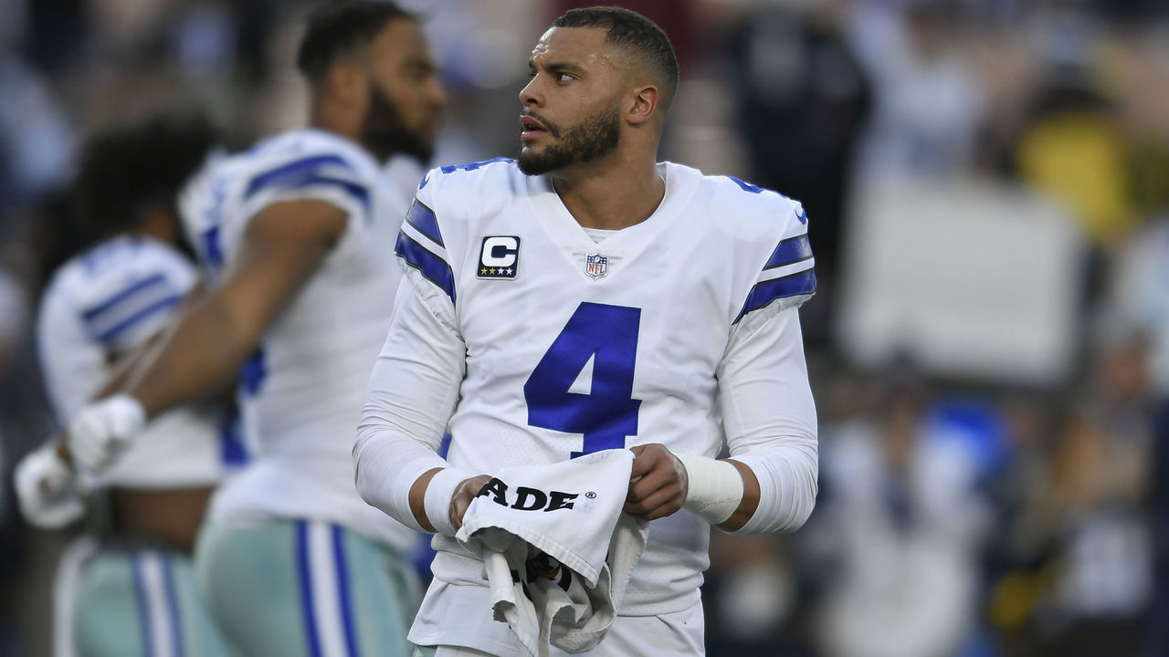 LOS ANGELES, CA - JANUARY 12: Dallas Cowboys quarterback Dak Prescott #4 before playing the Los Angeles Rams at Los Angeles Memorial Coliseum on January 12, 2019 in Los Angeles, California.