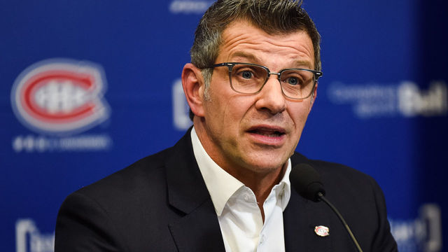 BROSSARD, QC - APRIL 9: Montreal Canadiens General Manager Marc Bergevin answers journalists questions during the Montreal Canadiens end of season press conference on April 9, 2018, at Bell Sports Complex in Brossard, QC