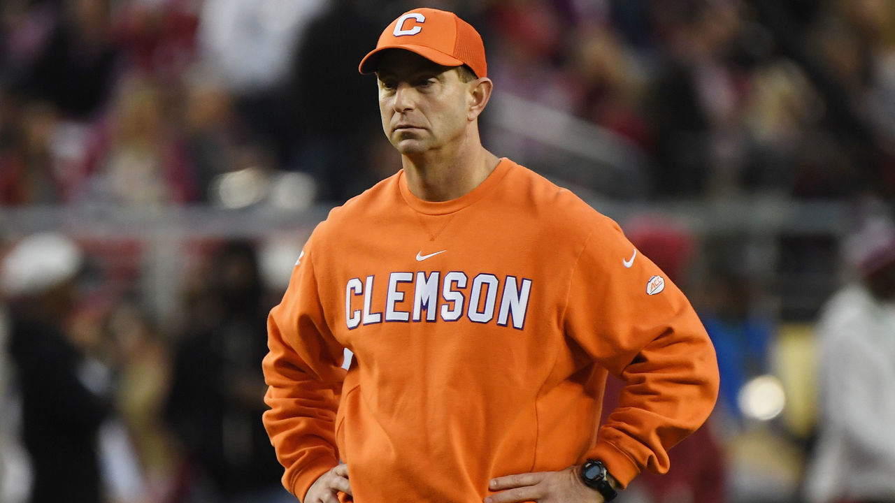 SANTA CLARA, CA - JANUARY 07: Head coach Dabo Swinney of the Clemson Tigers looks on during warm ups prior to the CFP National Championship against the Alabama Crimson Tide presented by AT&T at Levi's Stadium on January 7, 2019 in Santa Clara, California.