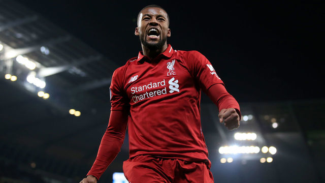 MANCHESTER, ENGLAND - JANUARY 03: Georginio Wijnaldum of Liverpool celebrates their 1st goal during the Premier League match between Manchester City and Liverpool at the Etihad Stadium on January 3, 2019 in Manchester, United Kingdom.