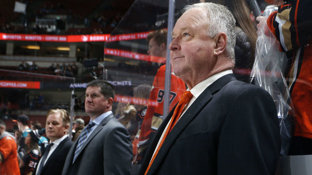 ANAHEIM, CA - DECEMBER 29: Head coach of the Anaheim Ducks, Randy Carlyle and assistant coaches Marty Wilford and Mark Morrison prepare for the game against the Arizona Coyotes on December 29, 2018 at Honda Center in Anaheim, California.