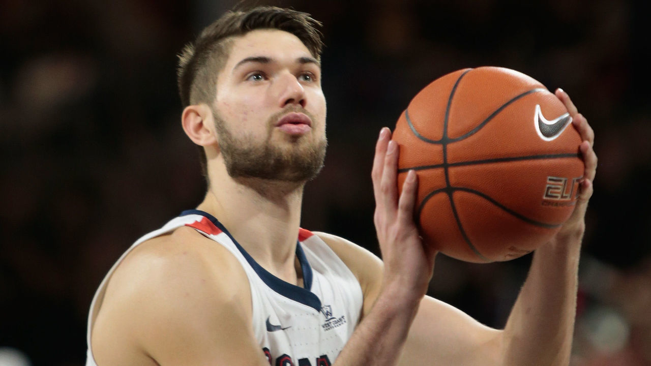 SPOKANE, WA - JANUARY 17: Killian Tillie #33 of the Gonzaga Bulldogs takes a free throw against the Loyola Marymount Lions in the game at McCarthey Athletic Center on January 17, 2019 in Spokane, Washington.
