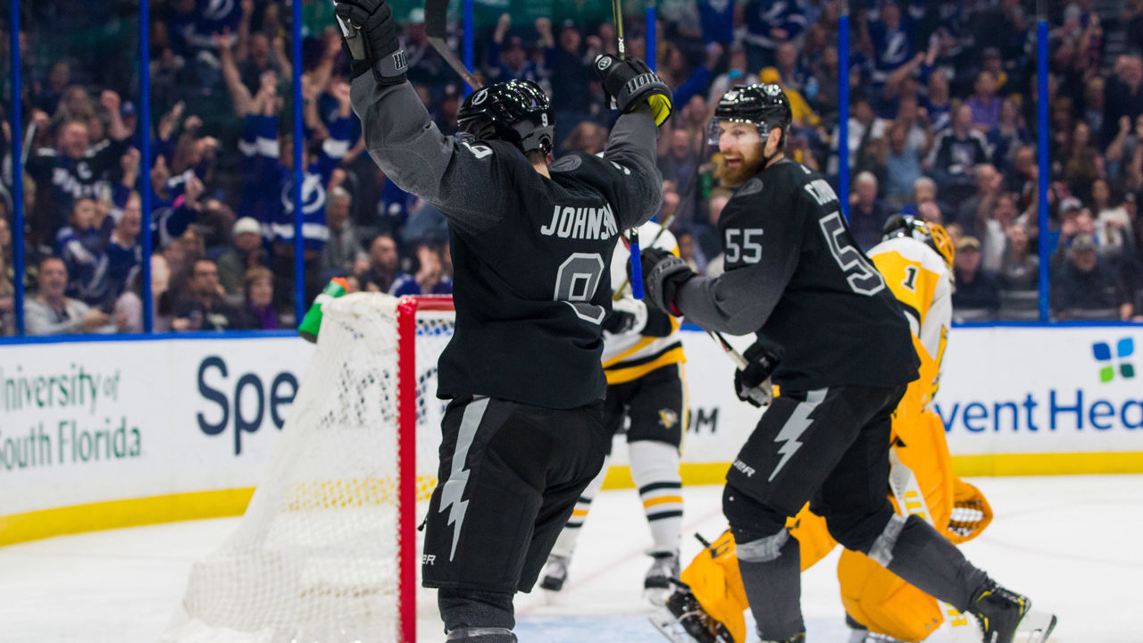 TAMPA, FL - FEBRUARY 9: Tyler Johnson #9 of the Tampa Bay Lightning celebrates his goal against the Pittsburgh Penguins in the third period at Amalie Arena on February 9, 2019 in Tampa, Florida.