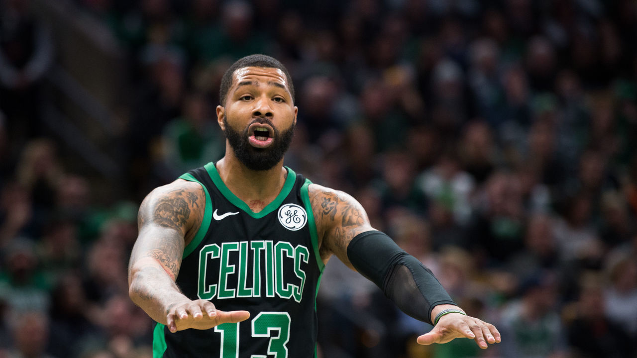 BOSTON, MA - FEBRUARY 9: Marcus Morris #13 of the Boston Celtics disputes a call while playing against the Los Angeles Clippers at TD Garden on February 9, 2019 in Boston, Massachusetts.