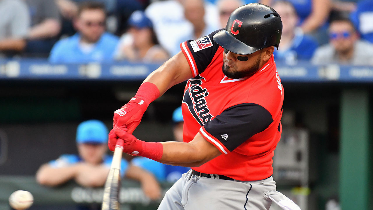 KANSAS CITY, MO - AUGUST 25: Cleveland Indians right fielder Melky Cabrera (53) doubles in the second inning during a MLB game between the Cleveland Indians and the Kansas City Royals on August 25, 2018, at Kauffman Stadium, Kansas City, MO. The Royals beat the Indians, 7-1.