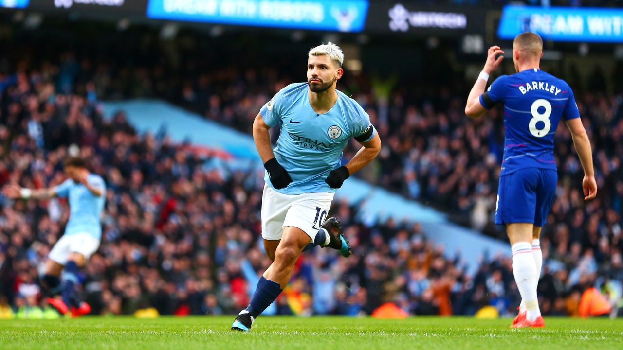 MANCHESTER, ENGLAND - FEBRUARY 10: Sergio Aguero of Manchester City celebrates scoring a goal to make it 2-0 during the Premier League match between Manchester City and Chelsea FC at Etihad Stadium on February 10, 2019 in Manchester, United Kingdom.