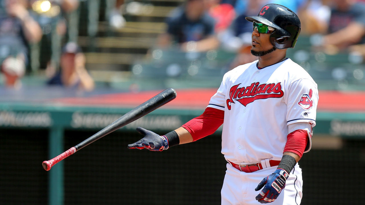 CLEVELAND, OH - AUGUST 09: Cleveland Indians designated hitter Edwin Encarnacion (10) flips his bat after striking out during the first inning of the Major League Baseball game between the Minnesota Twins and Cleveland Indians on August 9, 2018, at Progressive Field in Cleveland, OH.