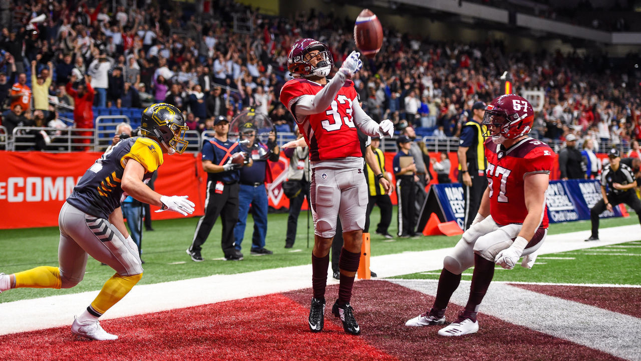 SAN ANTONIO, TX - FEBRUARY 09: San Antonio Commanders defensive back Zack Sanchez (33) throws the ball up following an interception during the AAF game between the San Diego Fleet and the San Antonio Commanders on February 9, 2019 at the Alamodome in San Antonio, Texas.