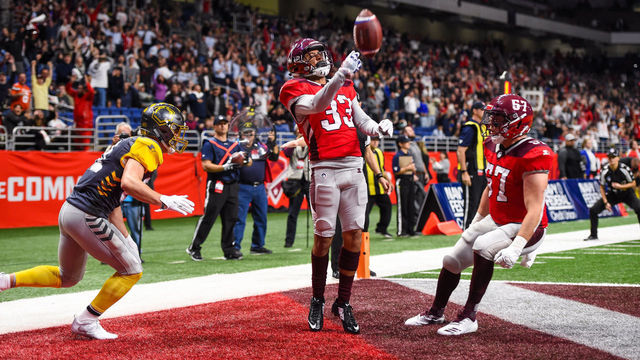 SAN ANTONIO, TX - FEBRUARY 09: San Antonio Commanders defensive back Zack Sanchez (33) throws the ball up following an interception during the AAF game between the San Diego Fleet and the San Antonio Commanders on February 9, 2019 at the Alamodome in San Antonio, Texas.