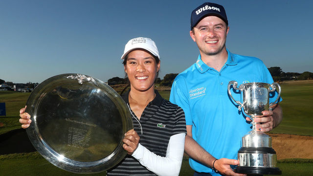 GEELONG, AUSTRALIA - FEBRUARY 10: (L-R) Celine Boutier of France and David Law of Scotland pose with their winners trophies during Day four of the ISPS Handa Vic Open at 13th Beach Golf Club on February 10, 2019 in Geelong, Australia.