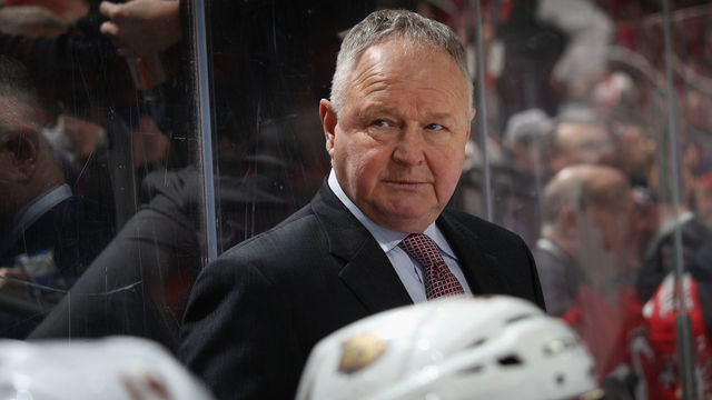 NEWARK, NEW JERSEY - JANUARY 19: Randy Carlyle of the Anaheim Ducks handles bench duties during the first period against the New Jersey Devils at the Prudential Center on January 19, 2019 in Newark, New Jersey.