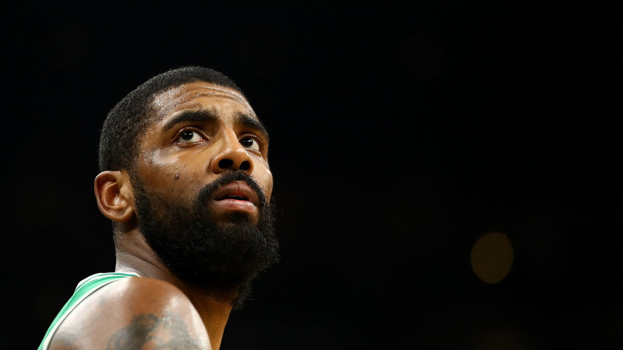 BOSTON, MASSACHUSETTS - FEBRUARY 07: Kyrie Irving #11 of the Boston Celtics looks on during the second half against the Los Angeles Lakers at TD Garden on February 07, 2019 in Boston, Massachusetts.