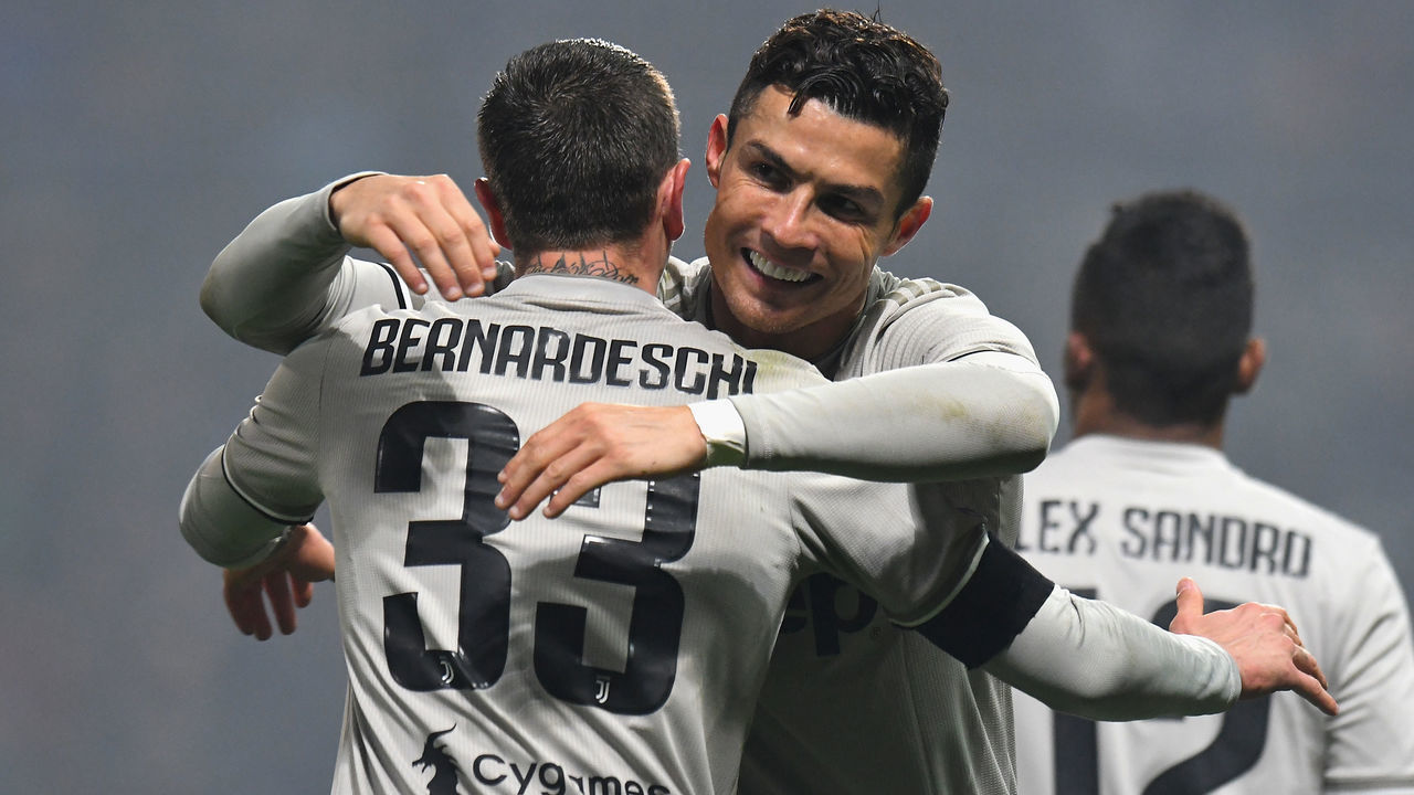 REGGIO NELL'EMILIA, ITALY - FEBRUARY 10: Cristiano Ronaldo of Juventus celebrates after scoring his team's second goal during the Serie A match between US Sassuolo and Juventus at Mapei Stadium - Citta' del Tricolore on February 10, 2019 in Reggio nell'Emilia, Italy.
