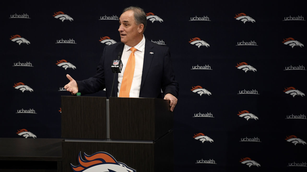 ENGLEWOOD, CO - JANUARY 10: Head Coach Vic Fangio making his remarks to the media after being introduced as the 17th head coach of the Denver Broncos Football Club in franchise history Englewood, CO.