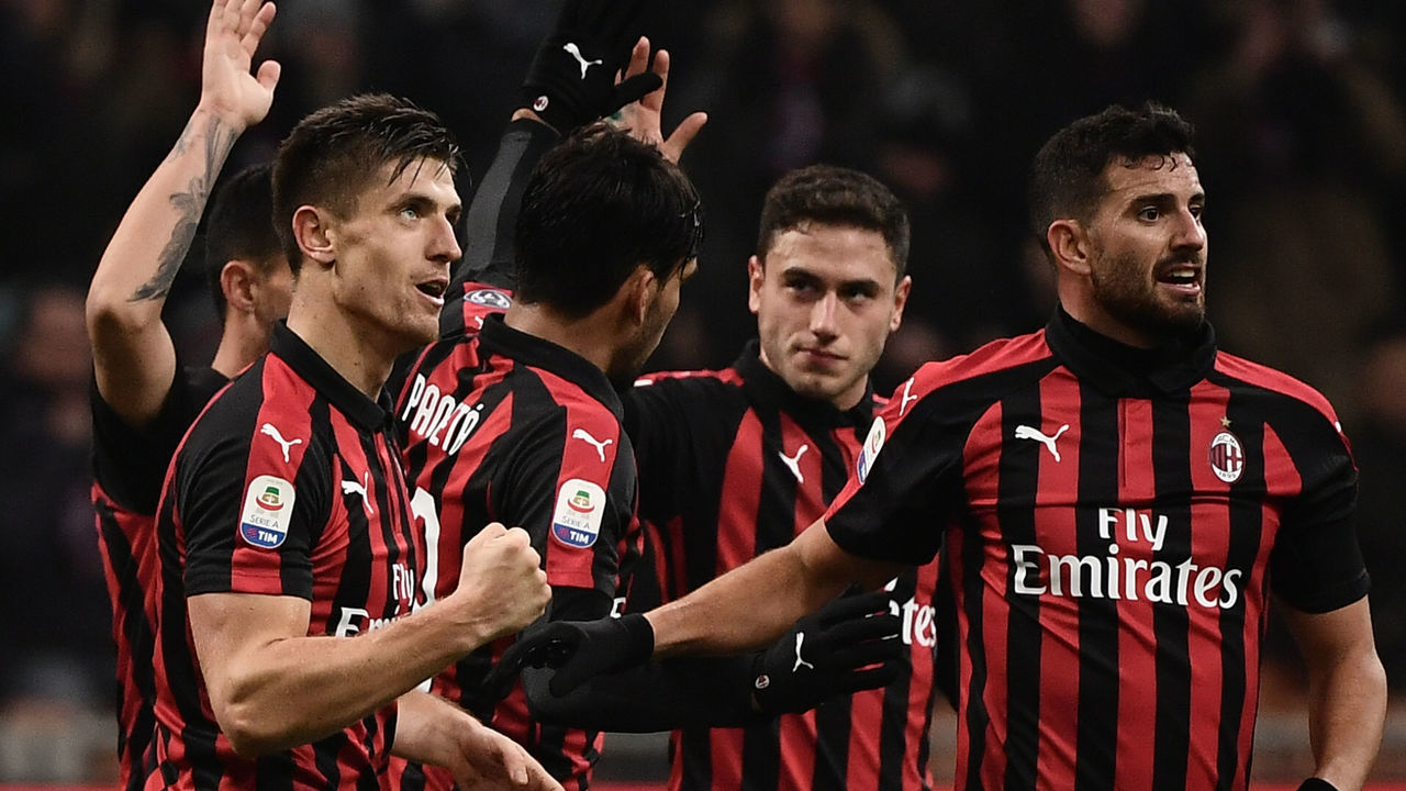 AC Milan's Polish forward Krzysztof Piatek (L) celebrates after scoring during the Italian Serie A football match AC Milan vs Cagliari on February 10, 2019 at the San Siro stadium in Milan.