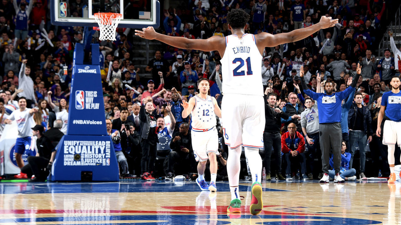 PHILADELPHIA, PA - FEBRUARY 10: Joel Embiid #21 of the Philadelphia 76ers reacts against the Los Angeles Lakers on February 10, 2019 at the Wells Fargo Center in Philadelphia, Pennsylvania NOTE TO USER: User expressly acknowledges and agrees that, by downloading and/or using this Photograph, user is consenting to the terms and conditions of the Getty Images License Agreement. Mandatory Copyright Notice: Copyright 2019 NBAE