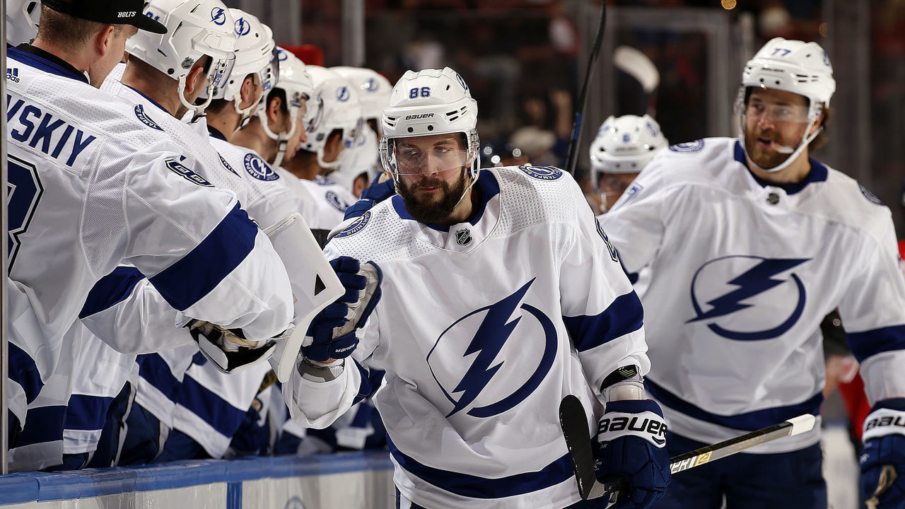 SUNRISE, FL - FEBRUARY 10: Nikita Kucherov #86 of the Tampa Bay Lightning celebrates his goal with teammates during the first period against the Florida Panthers at the BB&T Center on February 10, 2019 in Sunrise, Florida.