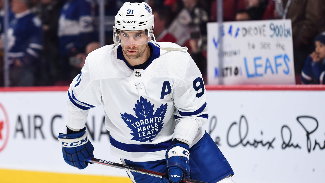 MONTREAL, QC - FEBRUARY 09: Look on Toronto Maple Leafs center John Tavares (91) at warm-up before the Toronto Maple Leafs versus the Montreal Canadiens game on February 09, 2019, at Bell Centre in Montreal, QC