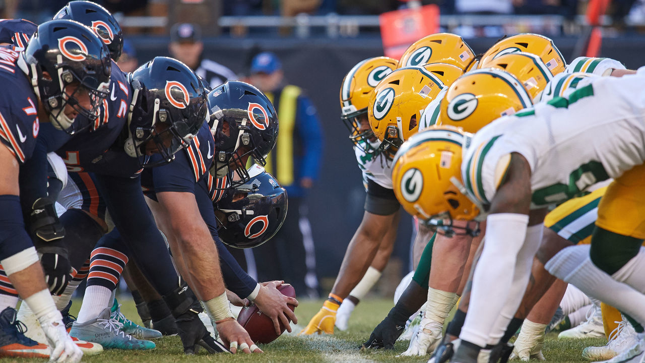 CHICAGO, IL - DECEMBER 16: Chicago Bears and Green Bay Packers players line up at the line of scrimmage prior to the snap of the football in action during an NFL game between the Green Bay Packers and the Chicago Bears on December 16, 2018 at Soldier Field in Chicago, IL.