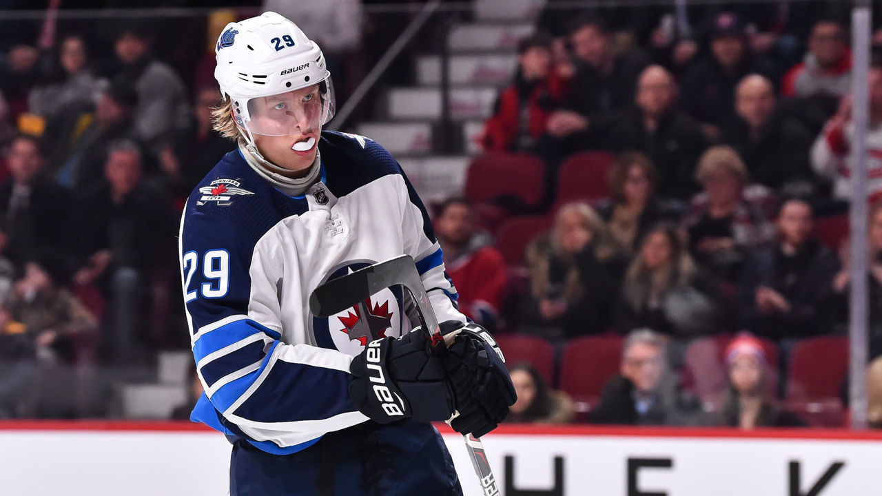 MONTREAL, QC - FEBRUARY 07: Patrik Laine #29 of the Winnipeg Jets looks on against the Montreal Canadiens during the NHL game at the Bell Centre on February 7, 2019 in Montreal, Quebec, Canada. The Montreal Canadiens defeated the Winnipeg Jets 5-2.