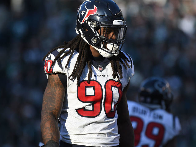 PHILADELPHIA, PA - DECEMBER 23: Houston Texans Linebacker Jadeveon Clowney (90) looks on during the game between the Houston Texans and the Philadelphia Eagles on December 23, 2018, at Lincoln Financial Field in Philadelphia,PA.