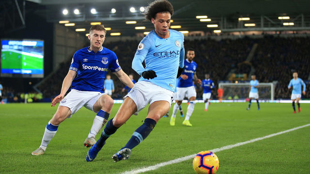 LIVERPOOL, ENGLAND - FEBRUARY 06: Jonjoe Kenny of Everton and Leroy Sane of Man City during the Premier League match between Everton FC and Manchester City at Goodison Park on February 06, 2019 in Liverpool, United Kingdom.
