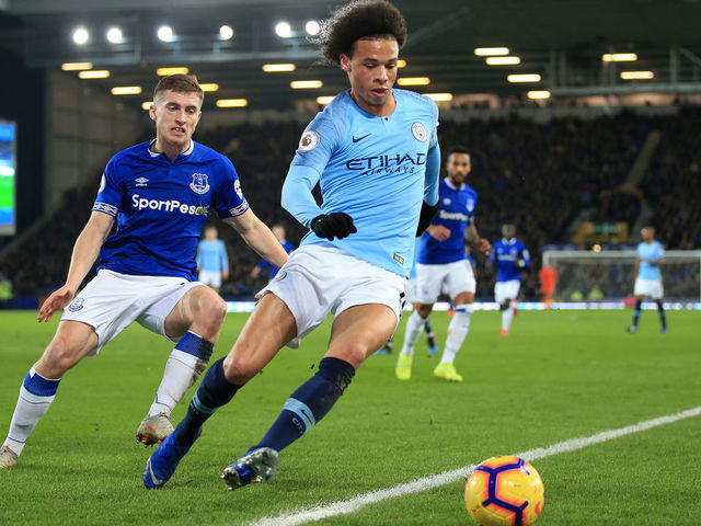 LIVERPOOL, ENGLAND - FEBRUARY 06: Jonjoe Kenny of Everton and Leroy Sane of Man City during the Premier League match between Everton FC and Manchester City at Goodison Park on February 06, 2019 in Liverpool, United Kingdom.