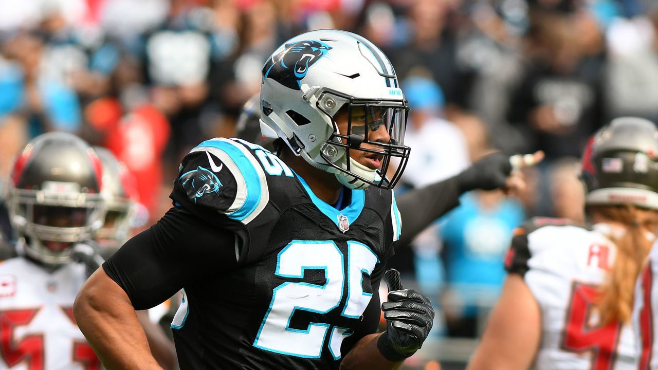 CHARLOTTE, NC - NOVEMBER 04: Carolina Panthers strong safety Eric Reid (25) runs off the field after returning an interception for a big gain during the NFL football game on November 04, 2018 at Bank of America Stadium in Charlotte, NC.