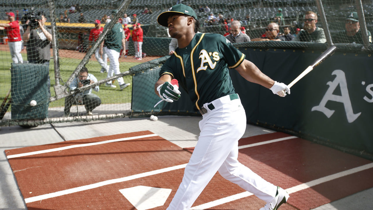 OAKLAND, CA - JUNE 15: First round draft pick Kyler Murray of the Oakland Athletics takes batting practice after signing his contract at the Oakland Alameda Coliseum on June 15, 2018 in Oakland, California.