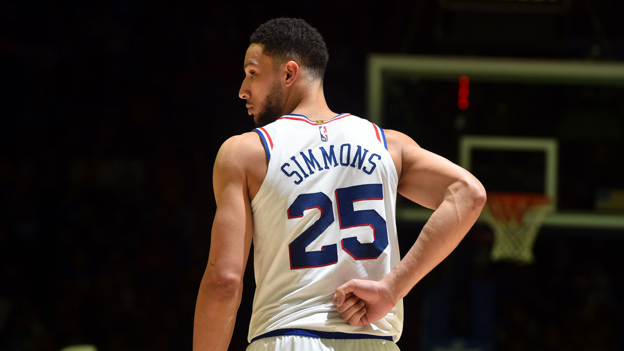 PHILADELPHIA, PA - FEBRUARY 10: Ben Simmons #25 of the Philadelphia 76ers reacts against the Los Angeles Lakers on February 10, 2019 at the Wells Fargo Center in Philadelphia, Pennsylvania NOTE TO USER: User expressly acknowledges and agrees that, by downloading and/or using this Photograph, user is consenting to the terms and conditions of the Getty Images License Agreement. Mandatory Copyright Notice: Copyright 2019 NBAE