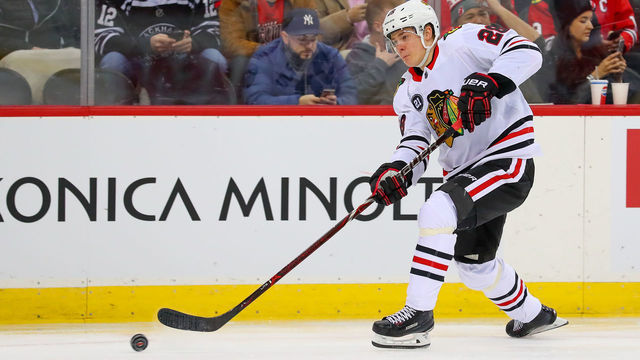 NEWARK, NJ - JANUARY 14: Chicago Blackhawks defenseman Henri Jokiharju (28) skates during the second period of the National Hockey League game between the New Jersey Devils and the Chicago Blackhawks on January 14, 2019, at the Prudential Center in Newark, NJ.