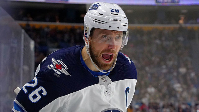 BUFFALO, NY - FEBRUARY 10: Blake Wheeler #26 of the Winnipeg Jets celebrates after scoring the winning goal against the Buffalo Sabres during the third period at KeyBank Center on February 10, 2019 in Buffalo, New York.