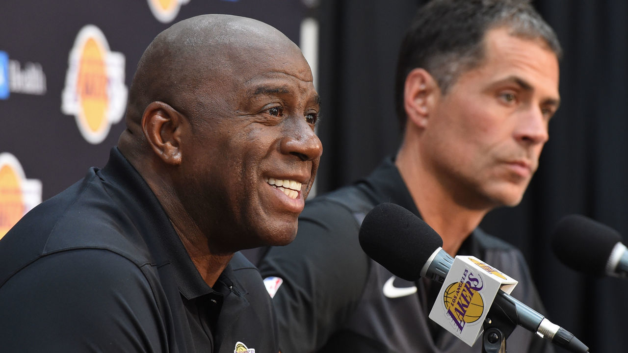 EL SEGUNDO, CA - SEPTEMBER 20: Lakers President of Basketball Operations Earvin 'Magic' Johnson and General Manager Rob Pelinka conduct a press conference at the Lakers UCLA Health Training Facility in El Segundo, California. Mandatory Copyright Notice: Copyright 2018 NBAE