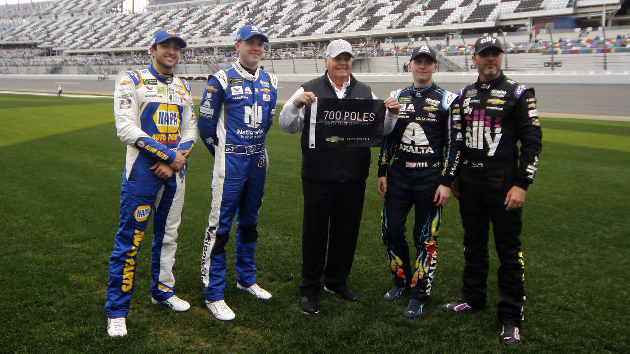 DAYTONA, FL - FEBRUARY 10: Hendrick Motorsports Teammates Chase Elliott, Hendrick Motorsports, Chevrolet Camaro NAPA Auto Parts (9),Alex Bowman, Hendrick Motorsports, Chevrolet Camaro Nationwide (88) Team owner Rick Hendrick William Byron, Hendrick Motorsports, Chevrolet Camaro Axalta (24), Jimmie Johnson, Hendrick Motorsports, Chevrolet Camaro Ally (48) during qualifying for the 61st annual Daytona 500 on February 10, 2019 at Daytona International Speedway in Daytona Beach, Florida