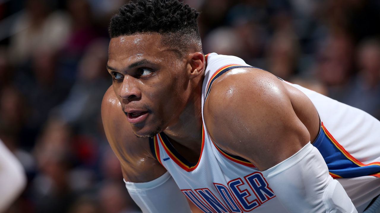 OKLAHOMA CITY, OK - FEBRUARY 11: Russell Westbrook #0 of the Oklahoma City Thunder looks on during the game against the Portland Trail Blazers on February 11, 2019 at Chesapeake Energy Arena in Oklahoma City, Oklahoma. NOTE TO USER: User expressly acknowledges and agrees that, by downloading and/or using this photograph, user is consenting to the terms and conditions of the Getty Images License Agreement. Mandatory Copyright Notice: Copyright 2019 NBAE