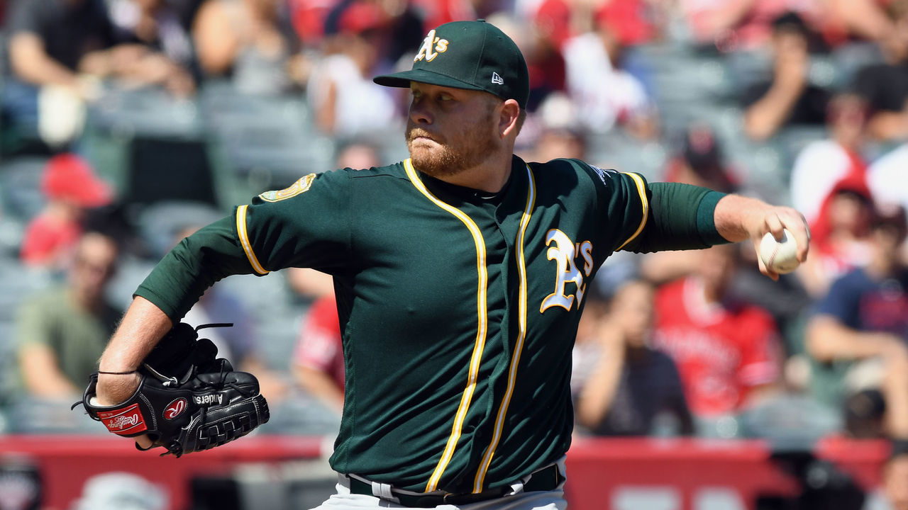 ANAHEIM, CA - SEPTEMBER 30: Oakland Athletics pitcher Brett Anderson (30) in action during the first inning of a game against the Los Angeles Angels of Anaheim played on September 30, 2018 at Angel Stadium of Anaheim in Anaheim, CA.
