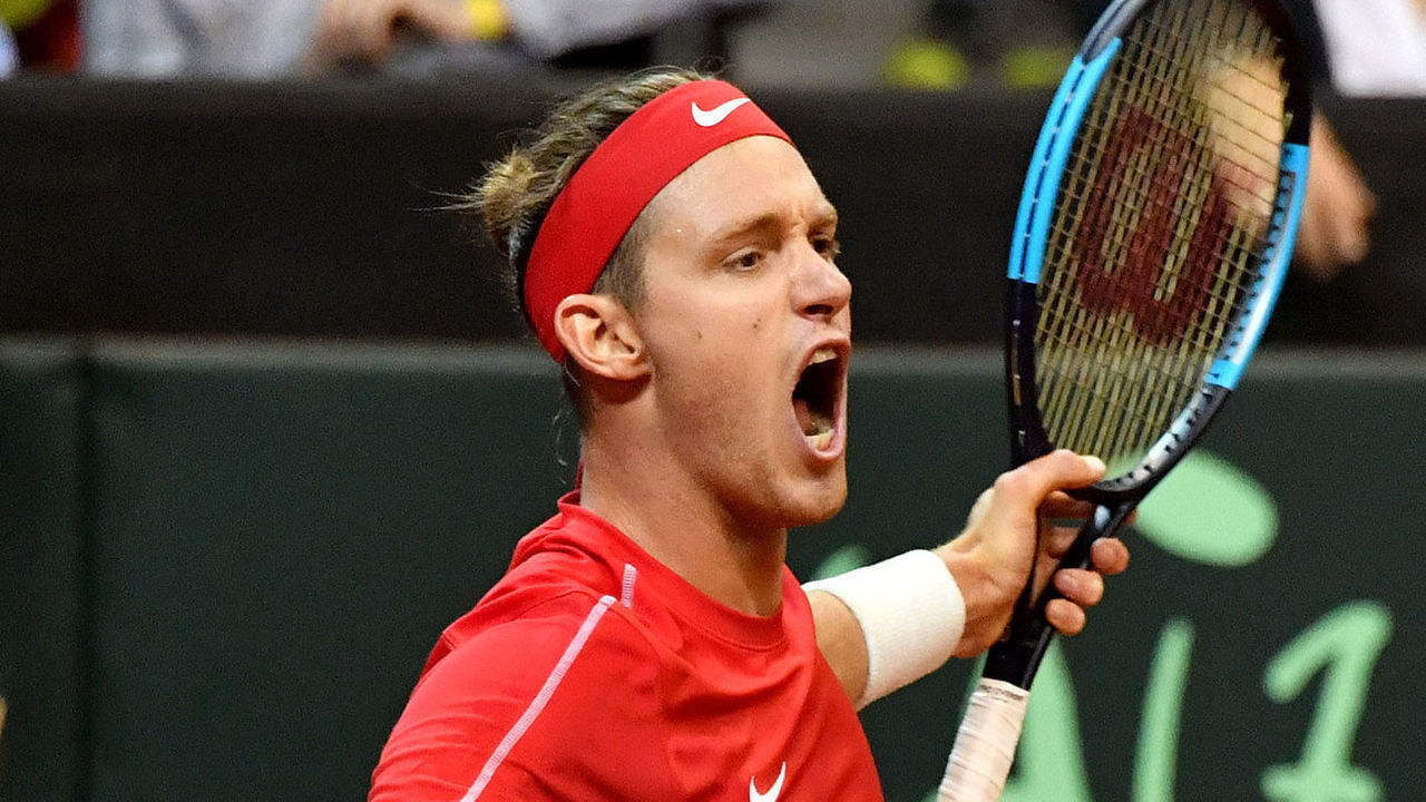 Chile`s Nicolas Jarry reacts during the Davis Cup qualifiers tennis match between Austria and Chile on February 2, 2019 in Salzburg.