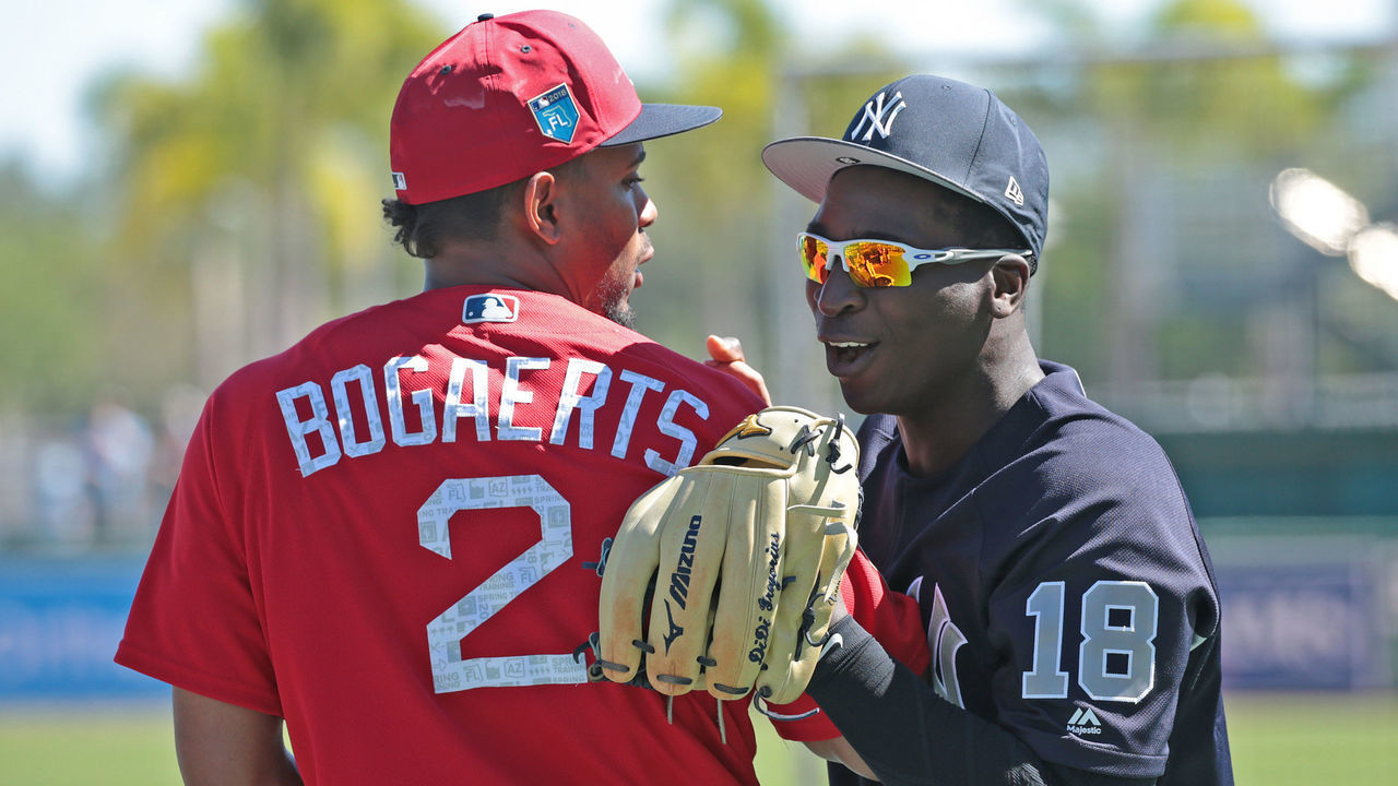 FORT MYERS, FL - MARCH 3: Xander Bogaerts #2 of the Boston Red Sox and Didi Gregorius #18 of the New York Yankees talk prior to a spring training game at JetBlue Park on March 3, 2018 in Fort Myers, Florida.