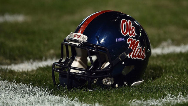 STARKVILLE, MS - NOVEMBER 28: A detailed view of a Mississippi Rebels helmet on the field at Davis Wade Stadium on November 28, 2015 in Starkville, Mississippi. Mississippi defeated Mississippi State 38-27.