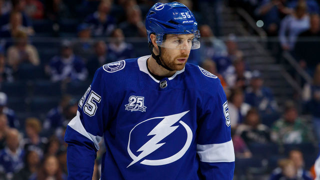 TAMPA, FL - MARCH 3: Braydon Coburn #55 of the Tampa Bay Lightning against the Philadelphia Flyers at Amalie Arena on March 3, 2018 in Tampa, Florida. 'n