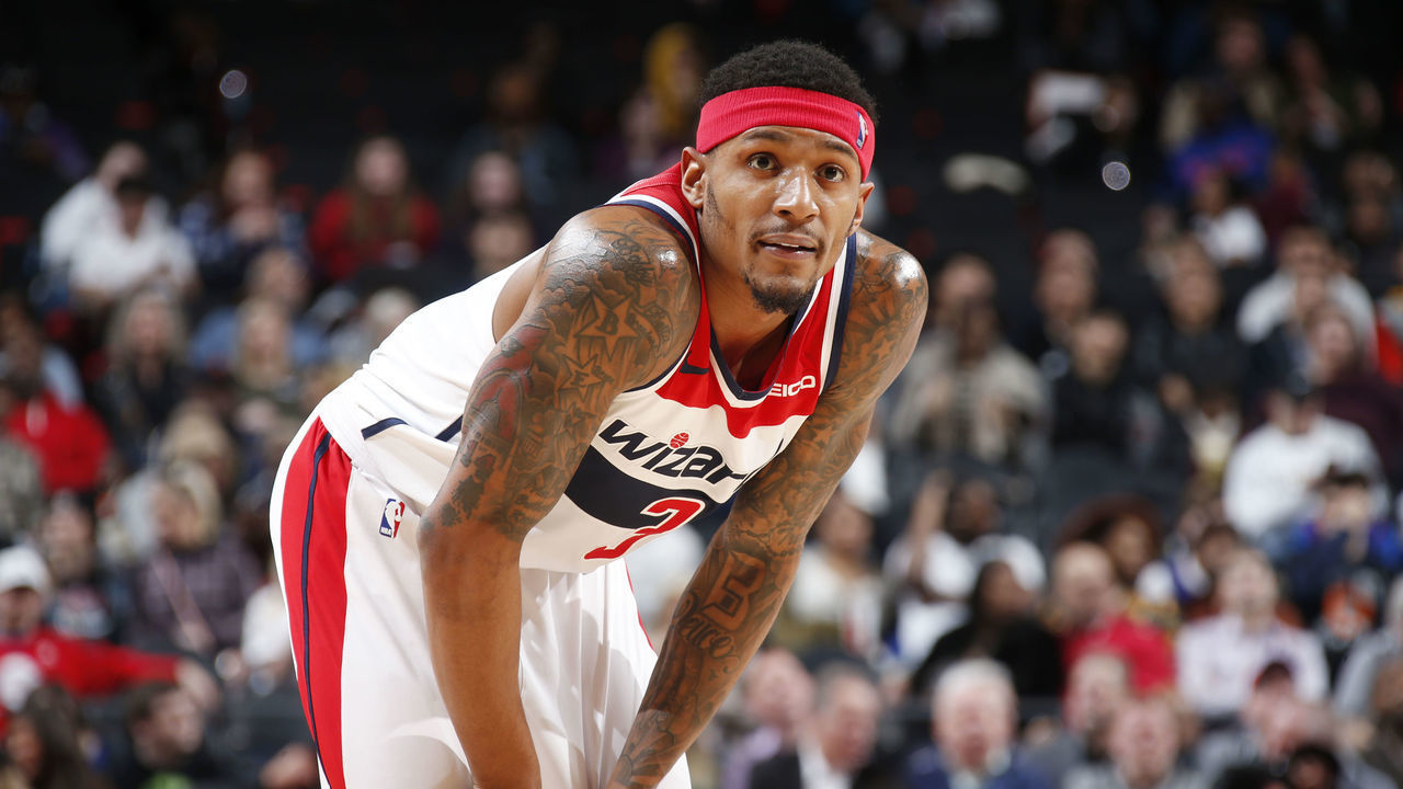 DETROIT, MI - FEBRUARY 11: Bradley Beal #3 of the Washington Wizards looks on during the game against the Detroit Pistons on February 11, 2019 at Little Caesars Arena in Detroit, Michigan. NOTE TO USER: User expressly acknowledges and agrees that, by downloading and/or using this photograph, User is consenting to the terms and conditions of the Getty Images License Agreement. Mandatory Copyright Notice: Copyright 2019 NBAE