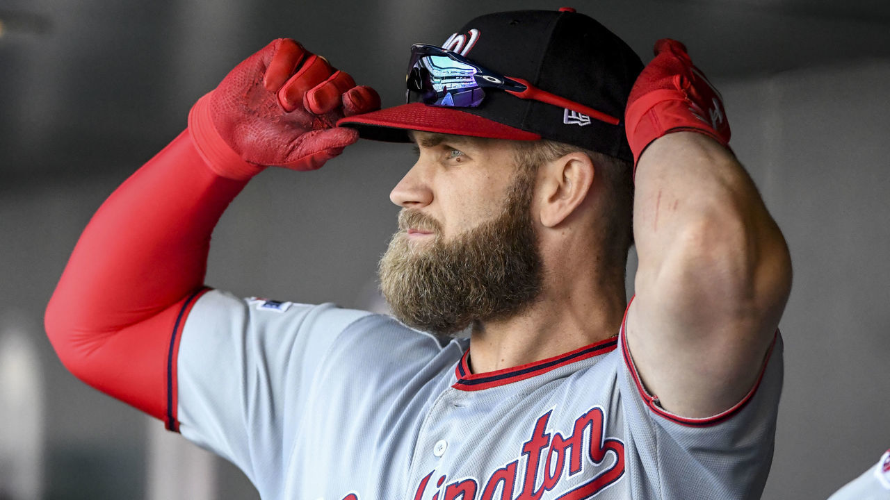 DENVER, CO - SEPTEMBER 30: Washington Nationals right fielder Bryce Harper (34) adjusts his hat before taking the field during the final regular season game of the 2018 season against the Colorado Rockies at Coors Field.