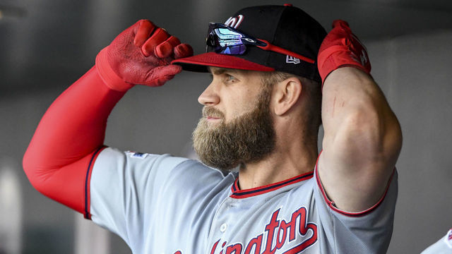 DENVER, CO - SEPTEMBER 30: Washington Nationals right fielder Bryce Harper (34) adjusts his hat before taking the field during the final regular season game of the 2018 season against the Colorado Rockies at Coors Field.