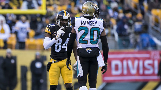 PITTSBURGH, PA - JANUARY 14: Pittsburgh Steelers wide receiver Antonio Brown (84) eyes up Jacksonville Jaguars cornerback Jalen Ramsey (20) during the AFC Divisional Playoff game between the Jacksonville Jaguars and the Pittsburgh Steelers on January 14, 2018 at Heinz Field in Pittsburgh, Pa.