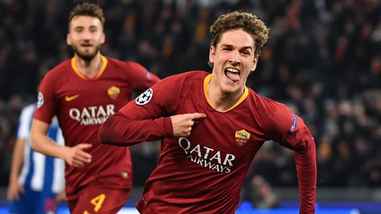 AS Roma Italian midfielder Nicolo Zaniolo celebrates after opening the scoring during the UEFA Champions League round of 16, first leg football match AS Roma vs FC Porto on February 12, 2019 at the Olympic stadium in Rome.