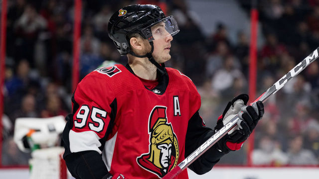 OTTAWA, ON - JANUARY 16: Ottawa Senators Center Matt Duchene (95) waits for a face-off during third period National Hockey League action between the Colorado Avalanche and Ottawa Senators on January 16, 2019, at Canadian Tire Centre in Ottawa, ON, Canada.