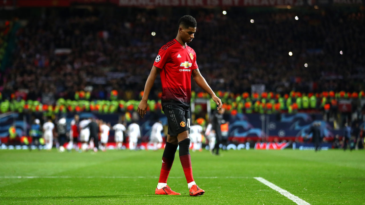 MANCHESTER, ENGLAND - FEBRUARY 12: Marcus Rashford of Manchester United leaves the pitch after the match during the UEFA Champions League Round of 16 First Leg match between Manchester United and Paris Saint-Germain at Old Trafford on February 12, 2019 in Manchester, England.